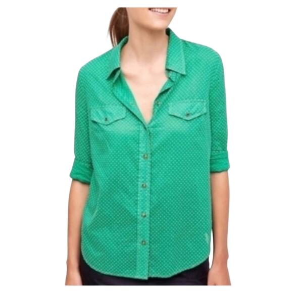 Anthropologie Maeve Patea 100% Cotton Kelly Green Lightweight Button Shirt 2 - Picture 1 of 11